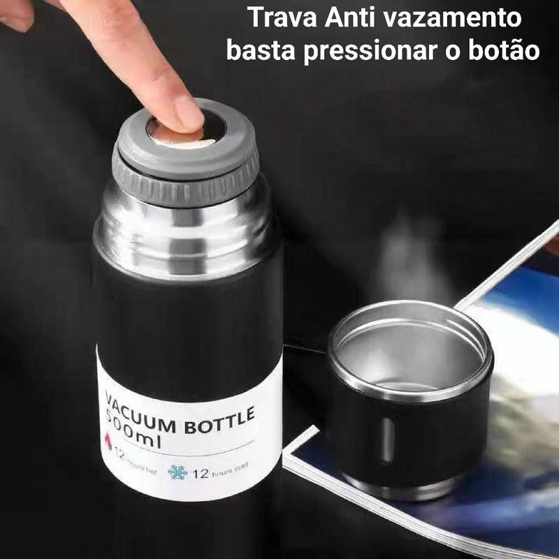 Kit com 1 Garrafa Térmica e 3 Xícaras de Aço Inox